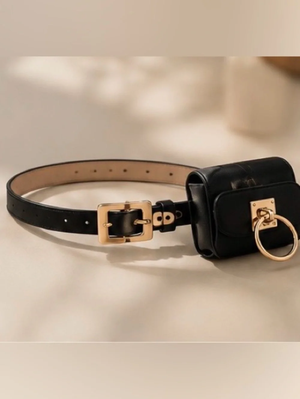 Elegant Black Leather Belt Pouch Gold Buckle Waist Bag